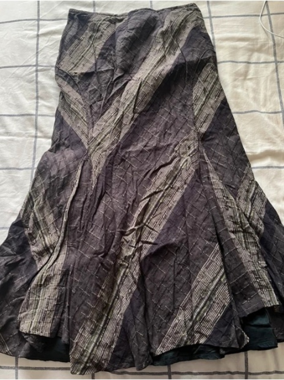 Vintage Boho Dark Gray Striped Patchwork Midi Skirt - Size M